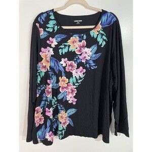 Lands End Swim Top Womens 3X Black Floral UPF50 Rash Guard Beach Resort Cruise